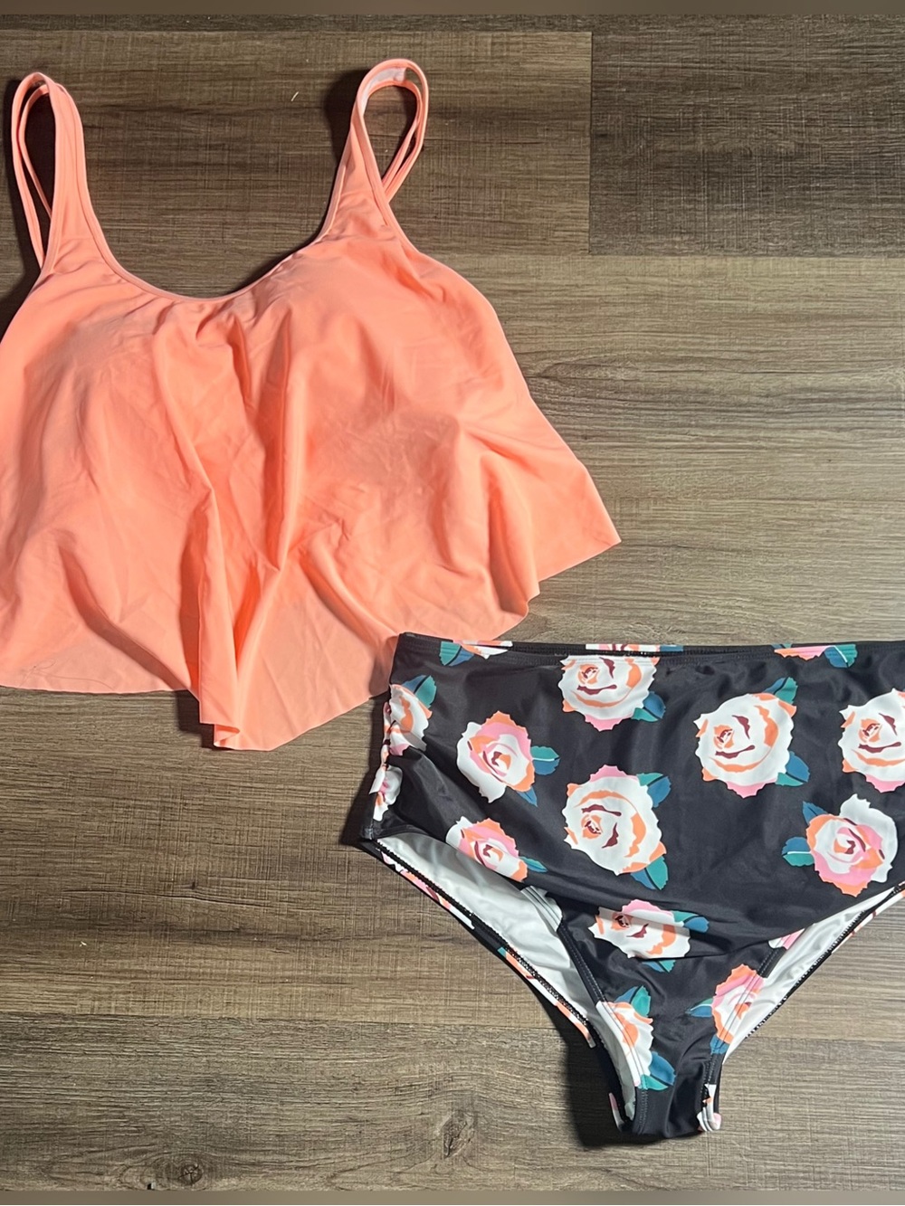 Peach Swim Flounce Tankini Top with Floral High-Waist Bottoms